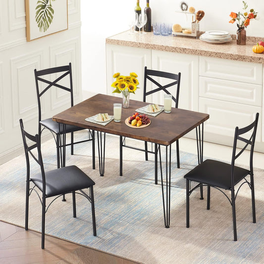 5-Piece Dining Table Set for Home Kitchen Small Space Breakfast Nook, 4 Faux Leather Metal Frame Chairs, Retro Brown