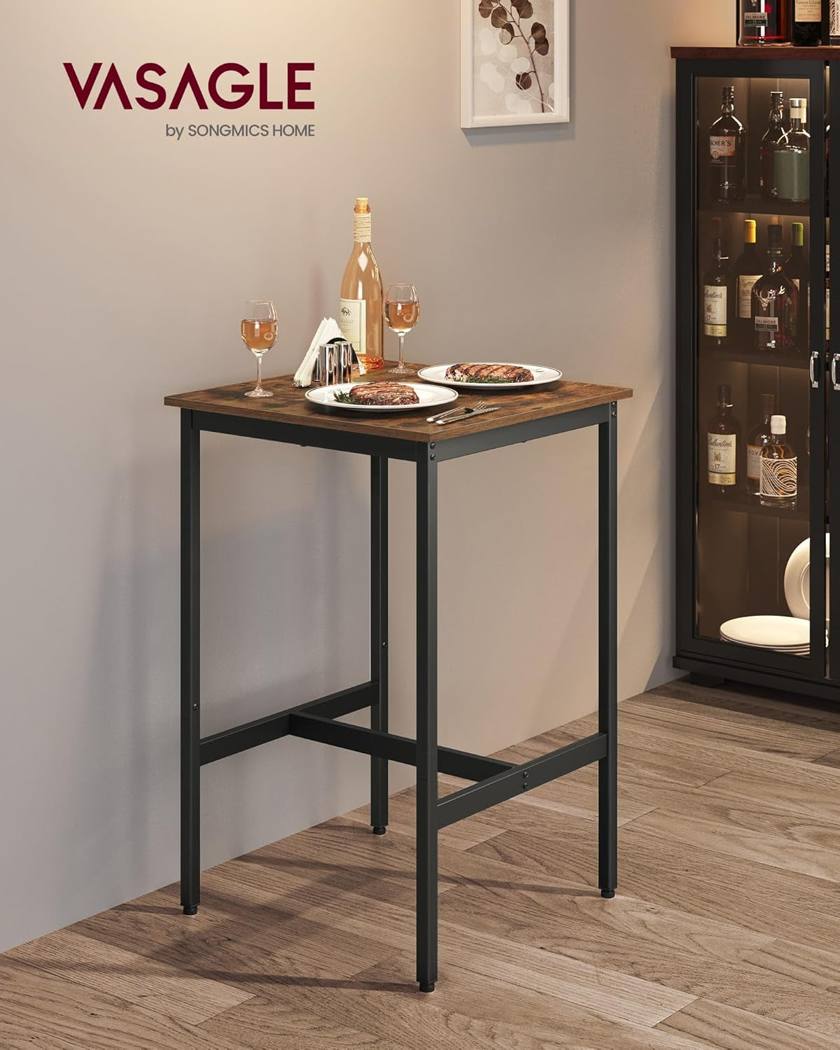 Bar Table, Small Kitchen Dining Table, High Top Pub Table, Bar Height Cocktail Table for Living Room Party, Sturdy Metal, 23.6 X 23.6 X 35.4 Inches for Narrow Spaces, Rustic Brown and Black