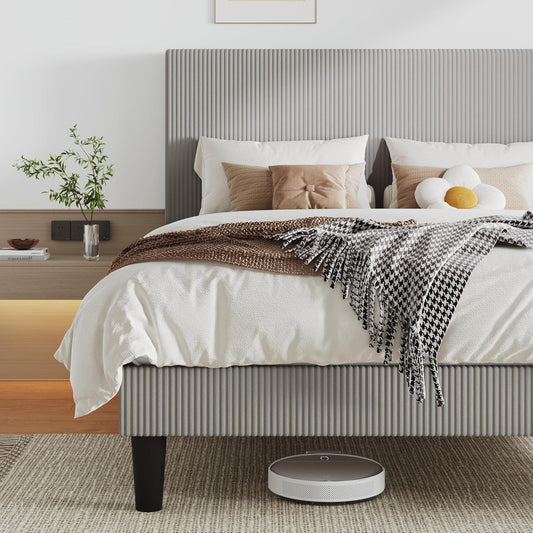 Queen Size Upholstered Bed Frame with Vertical Channel Tufted Headboard, Soft Corduroy Fabric Platform Bed, Strong Wooden Slats Support, Easy Assembly, No Box Spring Needed, Light Grey