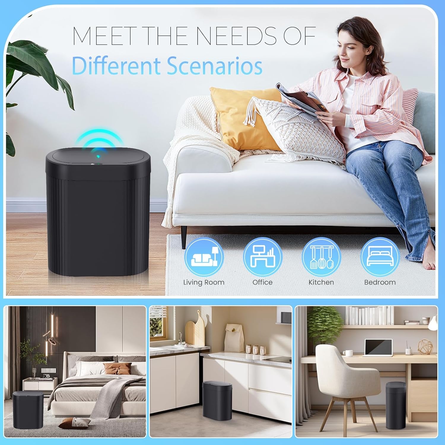 5 Gallon Bathroom Trash Can with Lid, Automatic Motion Sensor Black Trash Can, Touchless Slim Waterproof Garbage Bin for Kitchen, Bedroom, Office, and Bathroom