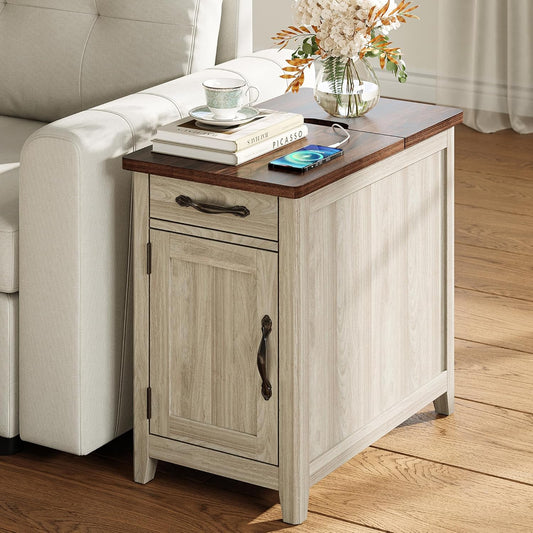 Farmhouse End Table with Charging Station, Narrow Side Table for Living Room, Sofa Side Table with Drawer and Storage Cabinet, Small Nightstand for Home Office
