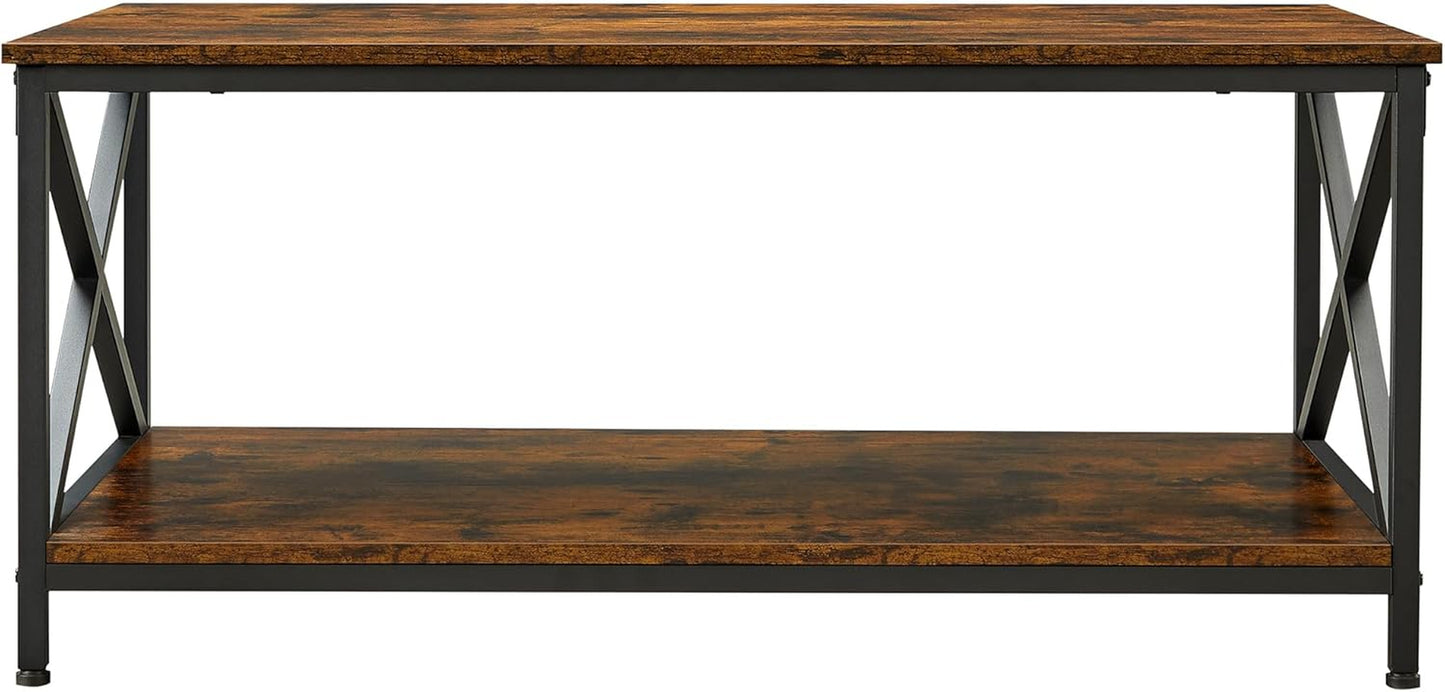 Coffee Table, Cocktail Table with Storage Shelf and X-Shape Steel Frame, Industrial Farmhouse Style, 39.4 X 21.7 X 17.7 Inches, Rustic Brown and Black ULCT200B01V1