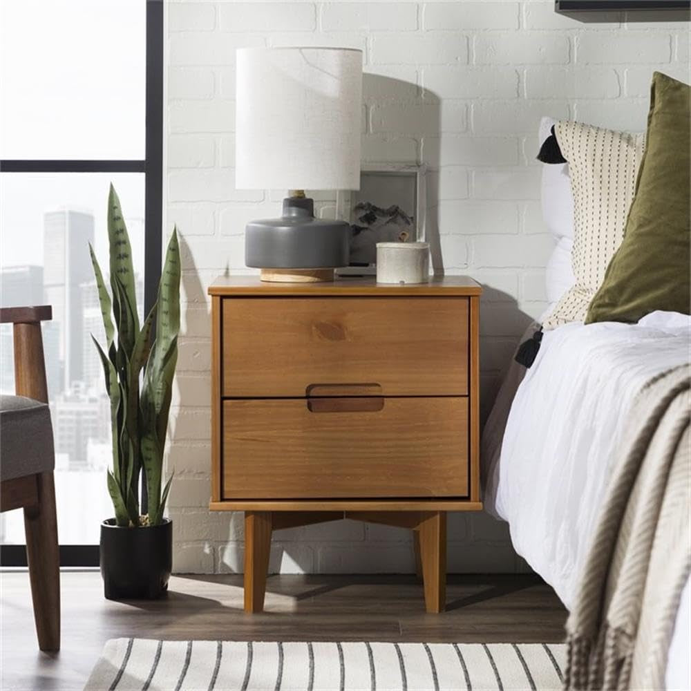 Mid Century Modern Grooved Handle Wood Nightstand Side Table Bedroom Storage Drawer and Shelf Bedside End Table, 2 Drawer, Caramel