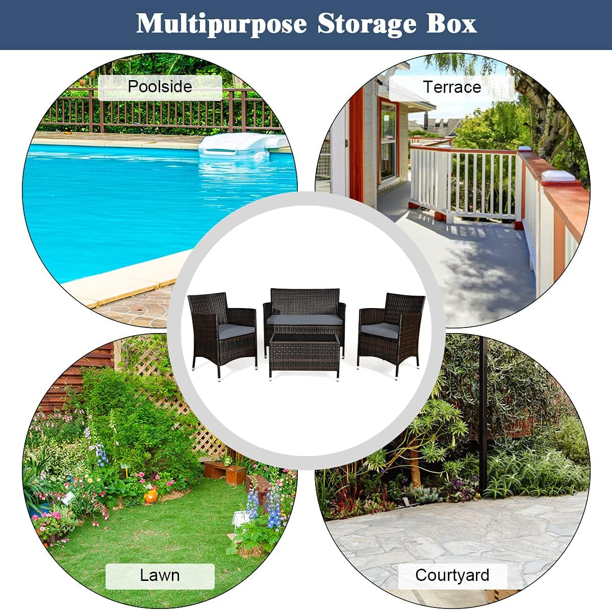 8PCS Rattan Patio Furniture Set, Outdoor Wicker Rattan Chairs with Coffee Table, Rattan Cushioned Conversation Set for Backyard Balcony Porch Poolside, Grey
