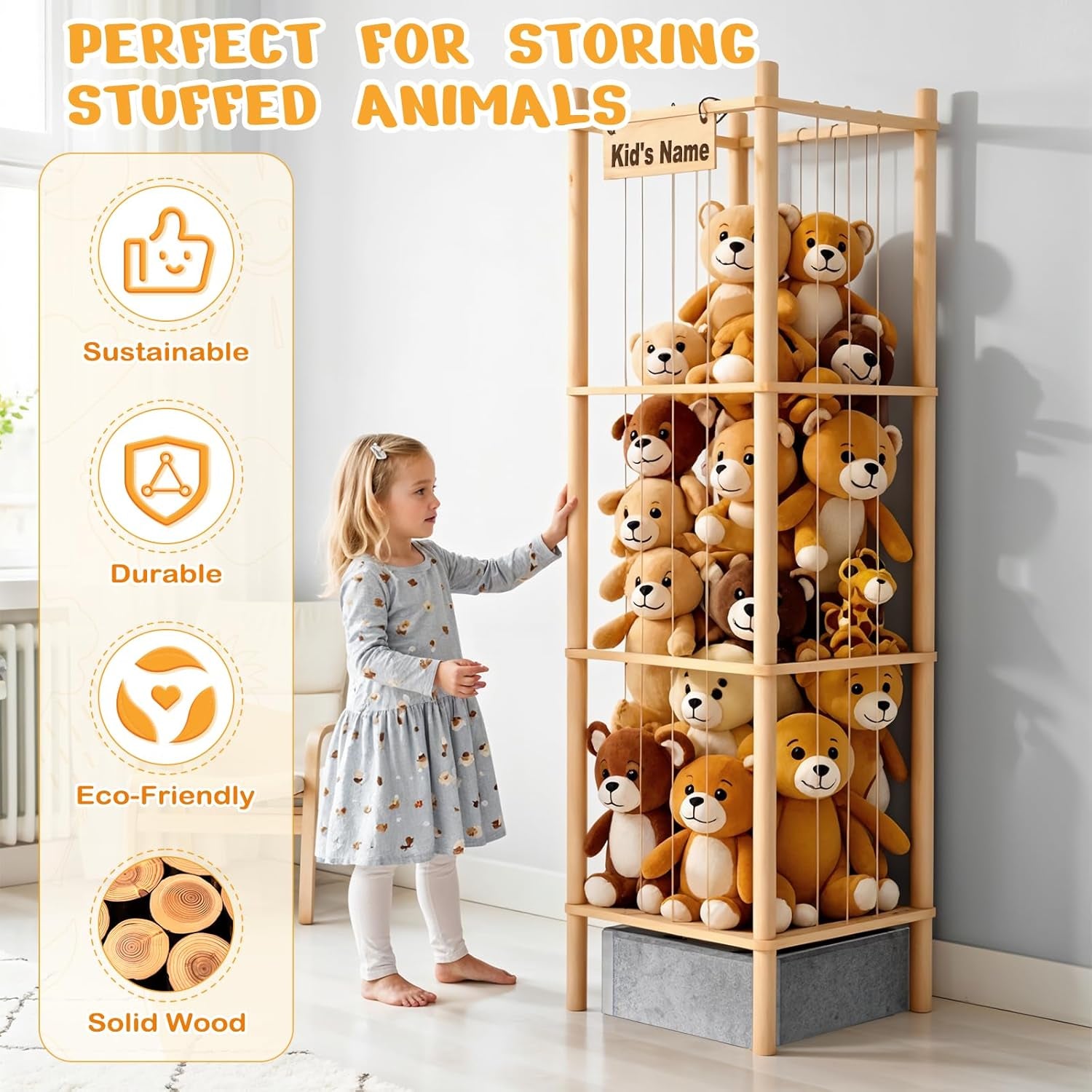 Stuffed Animal Storage with Tiny Toys Tray, 57In Large Wooden Stuffy Plushies Storage Holder Extra Large Capacity Stuffed Animals Zoo Organizer for Toddler Rooms, Playrooms & Bedrooms