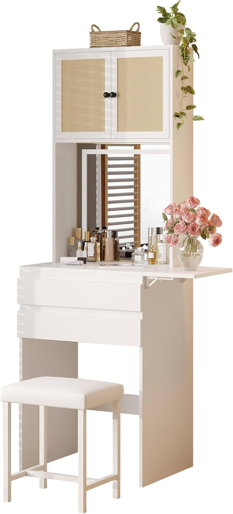Small Vanity Desk with Mirror and Lights, White Compact Makeup Vanity with Chair and Fold-Up Panel for Small Spaces, Skinny Rattan Dressing Table Set, Dimmable 3-Color, Space Saving, Girls