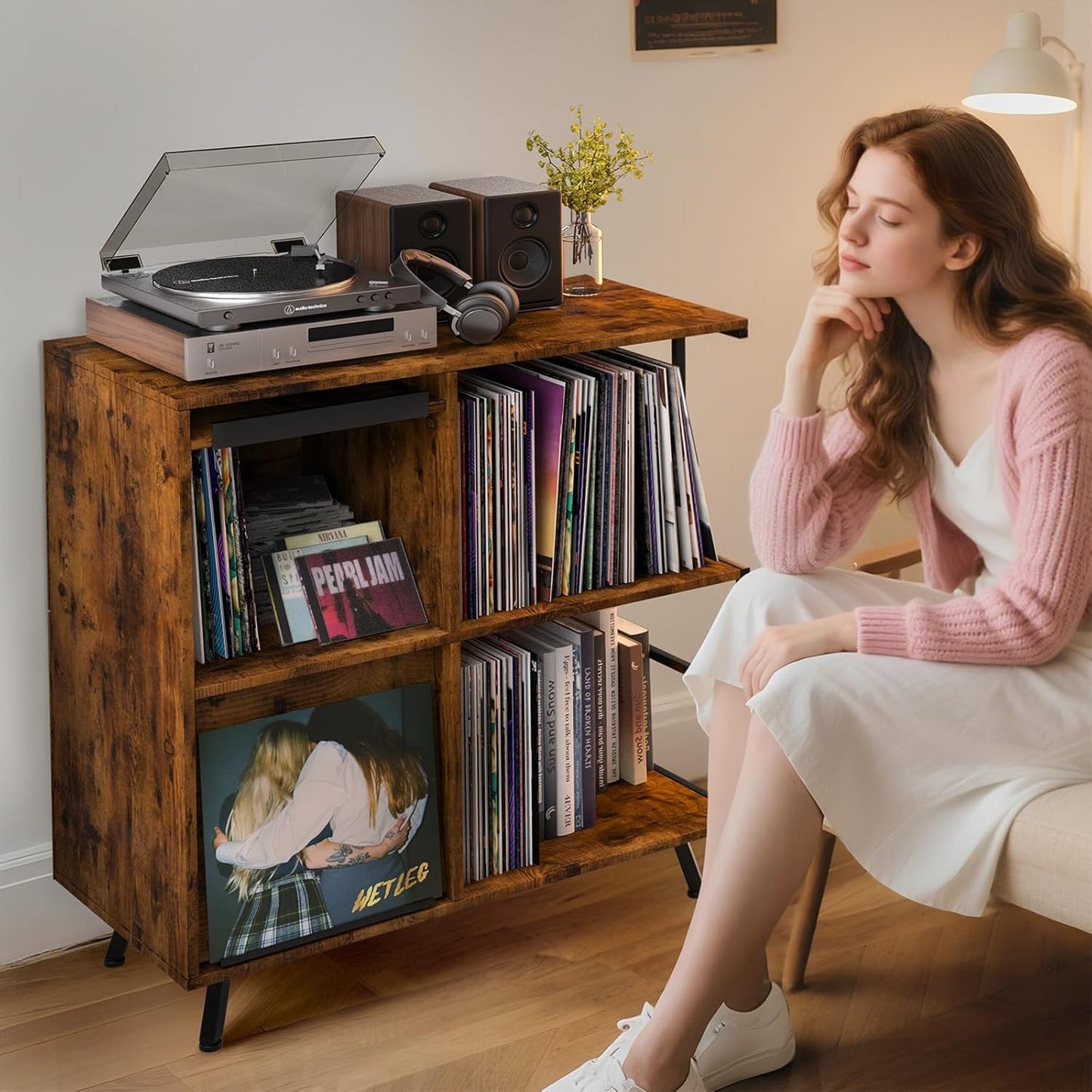 3 Tier Record Player Stand, Flip Top Record Player Cabinet, Mid Century Record Player Table with Shelves Holds up to 300+ Albums, Vinyl Record Storage with 4 U-Dividers for Living Room Bedroom, Brown