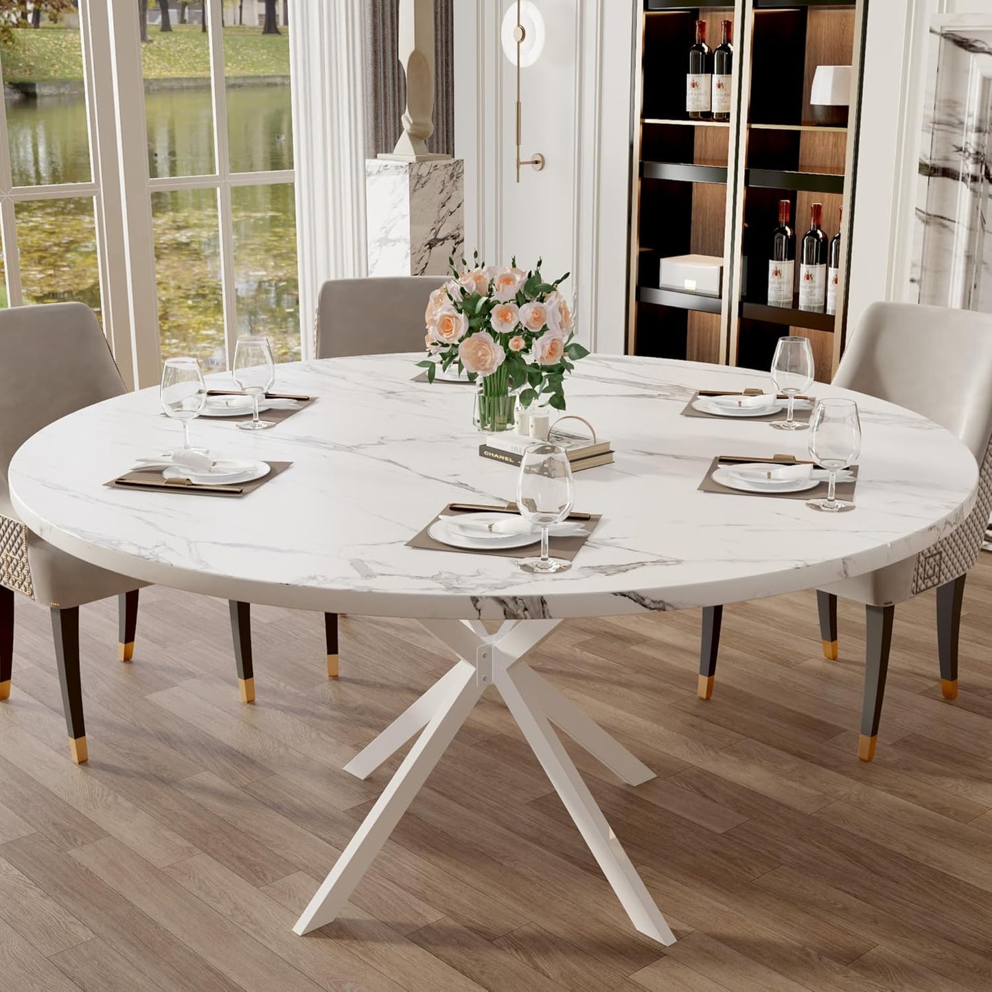 47.24" round Dining Table for 4-6 Person, round Kitchen Table with Wood Top, Circle Dinner Pedestal Tables with Metal Legs for Dining Room Kitchen (White Marble)