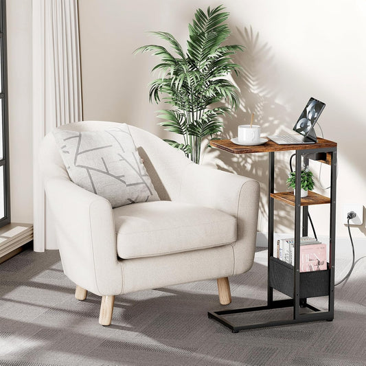 C Shaped End Table with Charging Station, Small Side Table for Couch Recliner, Slide under Sofa Desk Snack Tables with Storage Bag & AC / USB Outlet, Small Spaces Drink Tables for Living Room, Bedroom