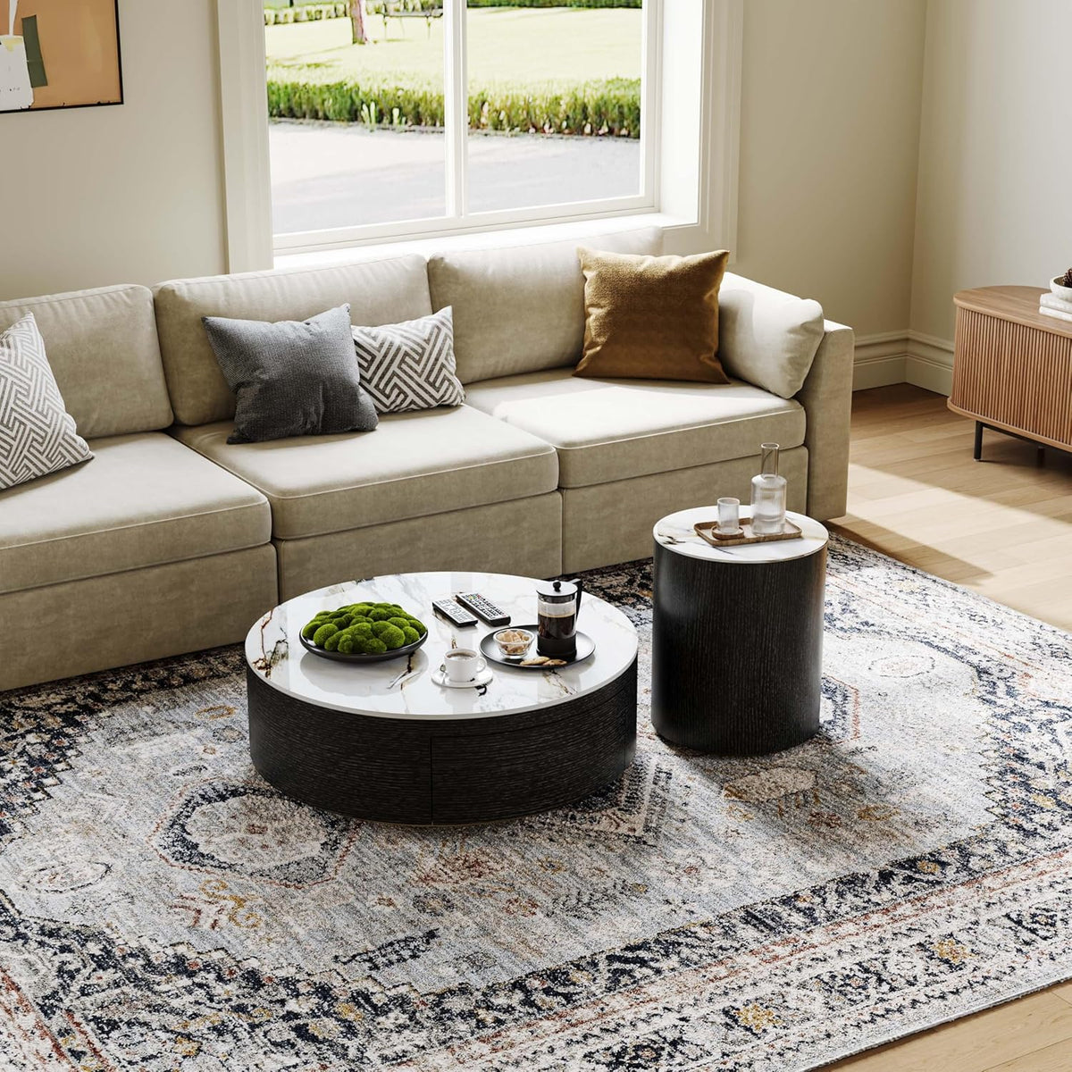 Oak veneer round drum coffee table with sintered stone top, view 9