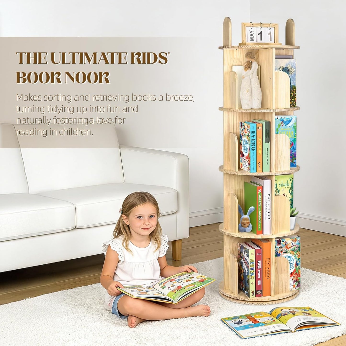 Rotating Bookshelf, Solid Pine Wood Spinning Bookshelf Tower 4 Tier, 360° Revolving Bookcase for Kids, Multi-Functiona Corner round Turning Book Shelf Organizer for Small Spaces