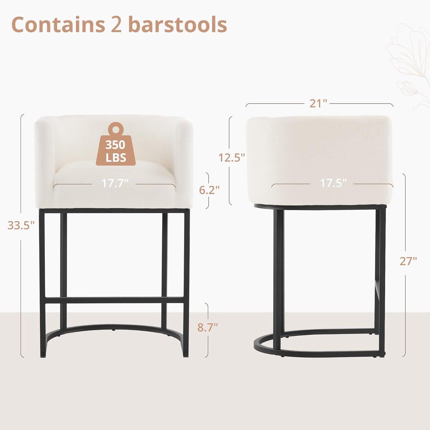 27" H Counter Height Bar Stools Set of 2, Modern Barrel Counter Stools with Backrest and Arms, Black Metal Frames, Linen Fabric Upholstered Accent Barstools for Kitchen Island, Beige
