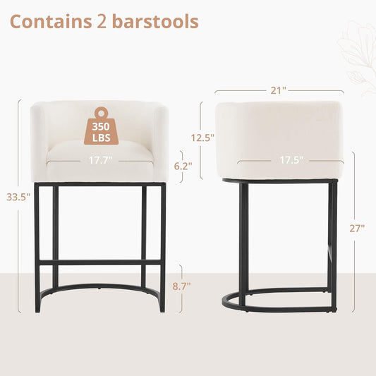 27" H Counter Height Bar Stools Set of 2, Modern Barrel Counter Stools with Backrest and Arms, Black Metal Frames, Linen Fabric Upholstered Accent Barstools for Kitchen Island, Beige