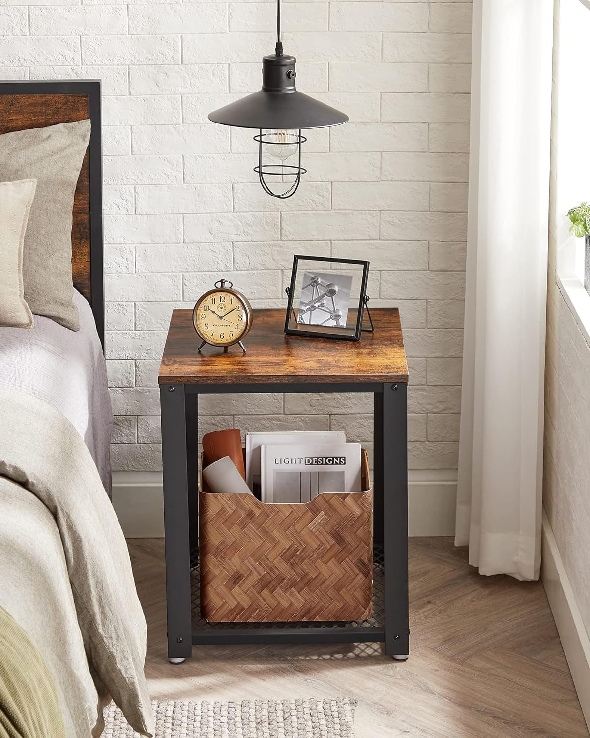 Side Table, 2-Tier Nightstand, End Table with Mesh Shelf, Steel Frame, Adjustable Feet, for Living Room, Bedroom, Industrial Style, Rustic Brown and Black ULET41X, 17.7 X 17.7 X 21.6 Inch