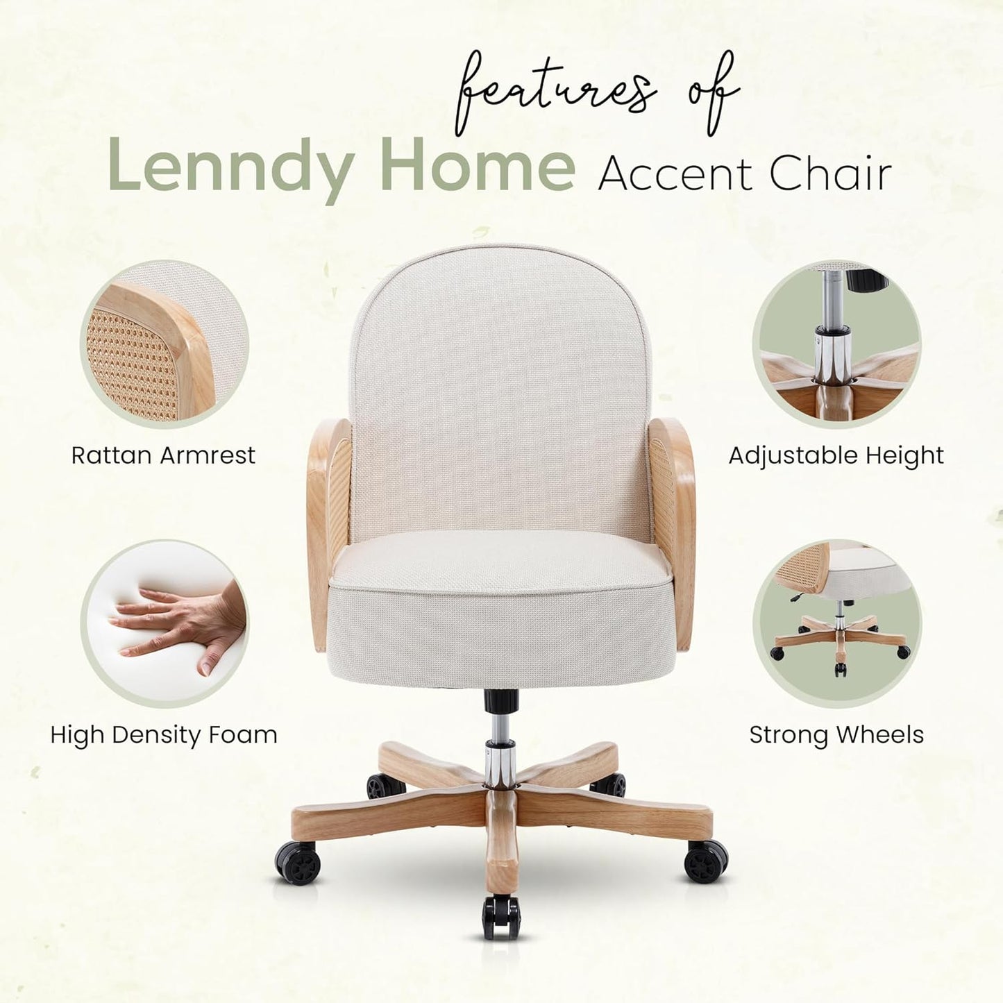 Rattan Desk Chair, Upholstered Home Office Chair with Rattan Armrest, Waterproof Cushion, Adjustable Swivel Rolling Height Computer Task Chair for Living Room Bed & Study Room, Ivory