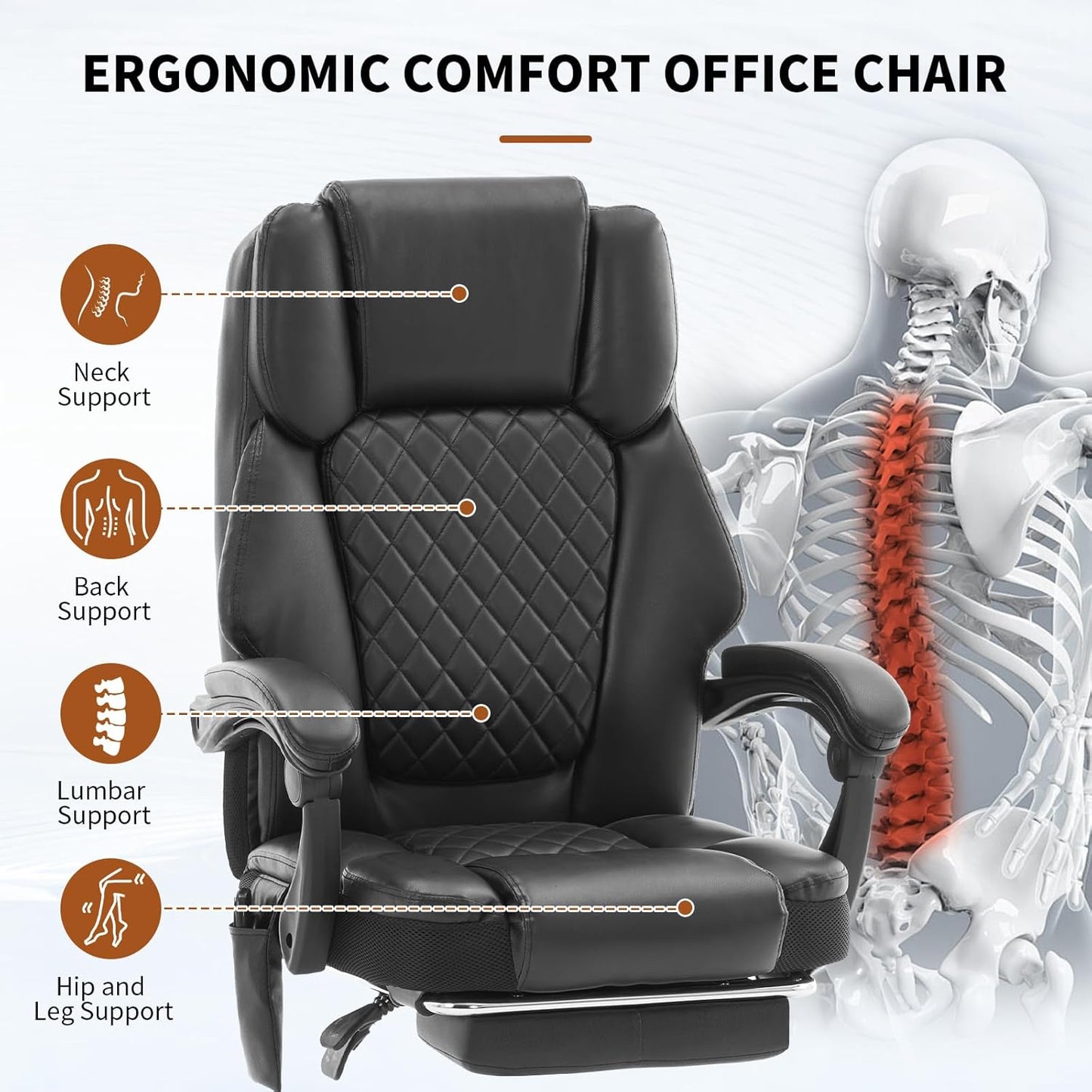 Massage Office Chair with Heat 6 Vibration Points,Big and Tall Office Chair 400 Lbs,Leather High Back Executive Office Desk Chair with Footrest,Comfortable Ergonomic Reclining Managerial Chair, Black
