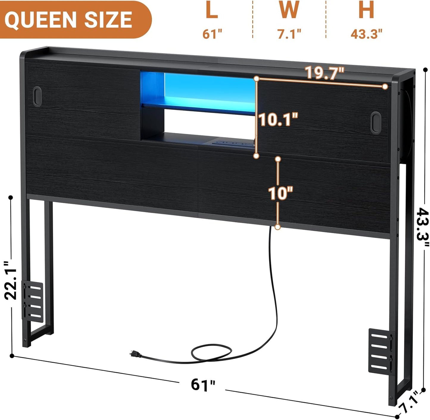 Headboard for Queen Size Bed with Storage, Sturdy Bookcase Headboards with Outlet, USB & LED Light, Queen Size Headboard Only, Head Board with Sliding Doors & Bed Adapter for Bedroom, Black