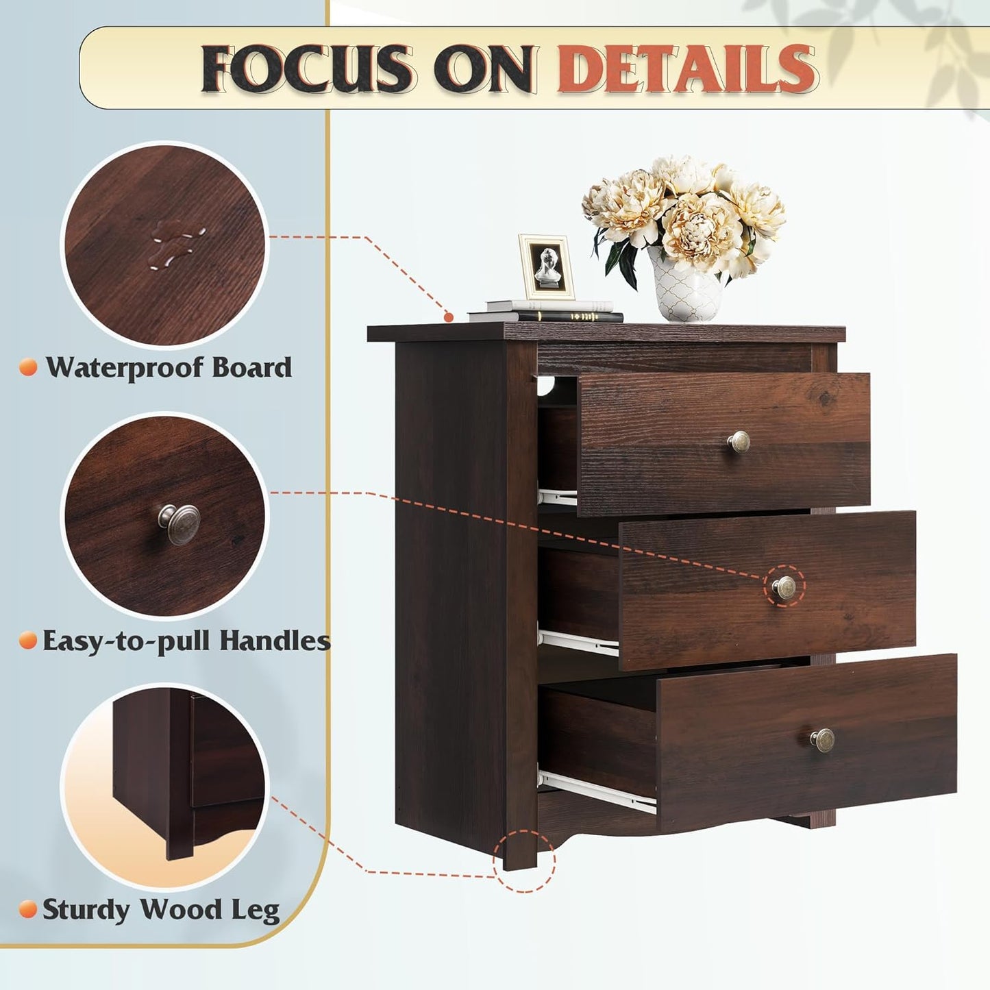Tall Nightstand with Charging Station, Wood Nightstand with 3 Drawers, Bedside Tables Bedroom, Dorm, End Table with 2 USB Ports and 2 AC Outlets, Bedside Table, Espresso