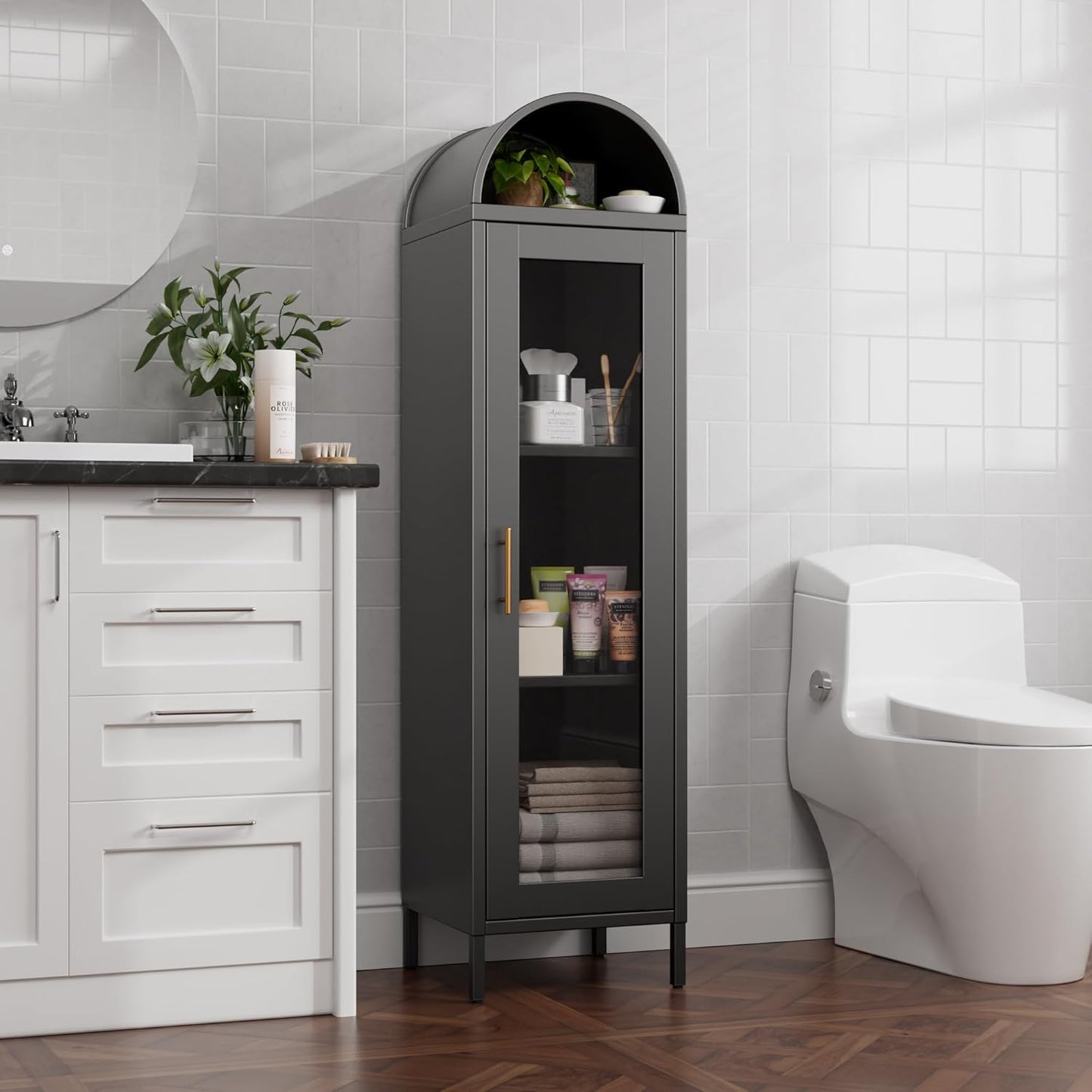 Metal Arched Display Cabinet,Arched Cabinet with Glass Doors,Assembly Required,Black