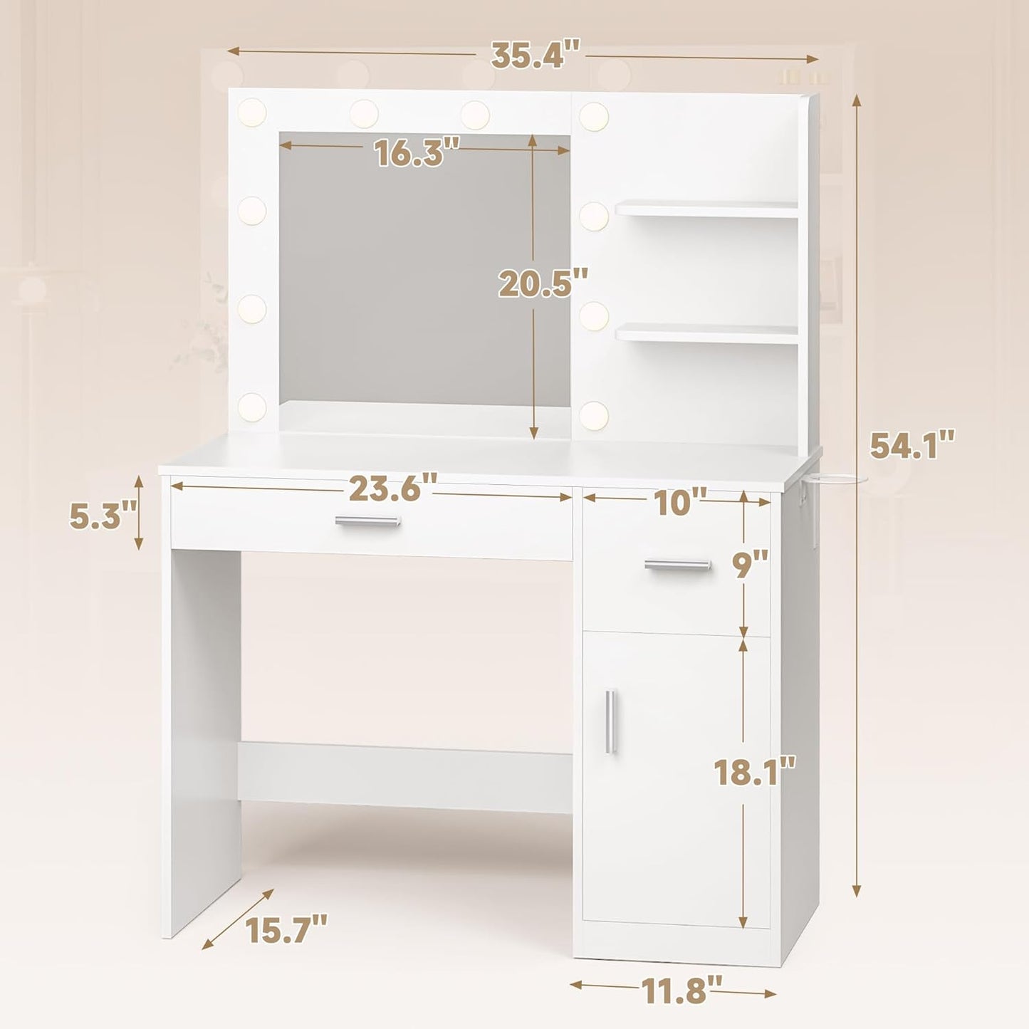 35.4" Vanity Desk with LED Mirror & Power Outlet, Makeup Vanity Table with 3 Open Storage Shelves, Drawers and Cabinet, 3 Model Adjustable Lights for Bedroom & Dressing Room (White)