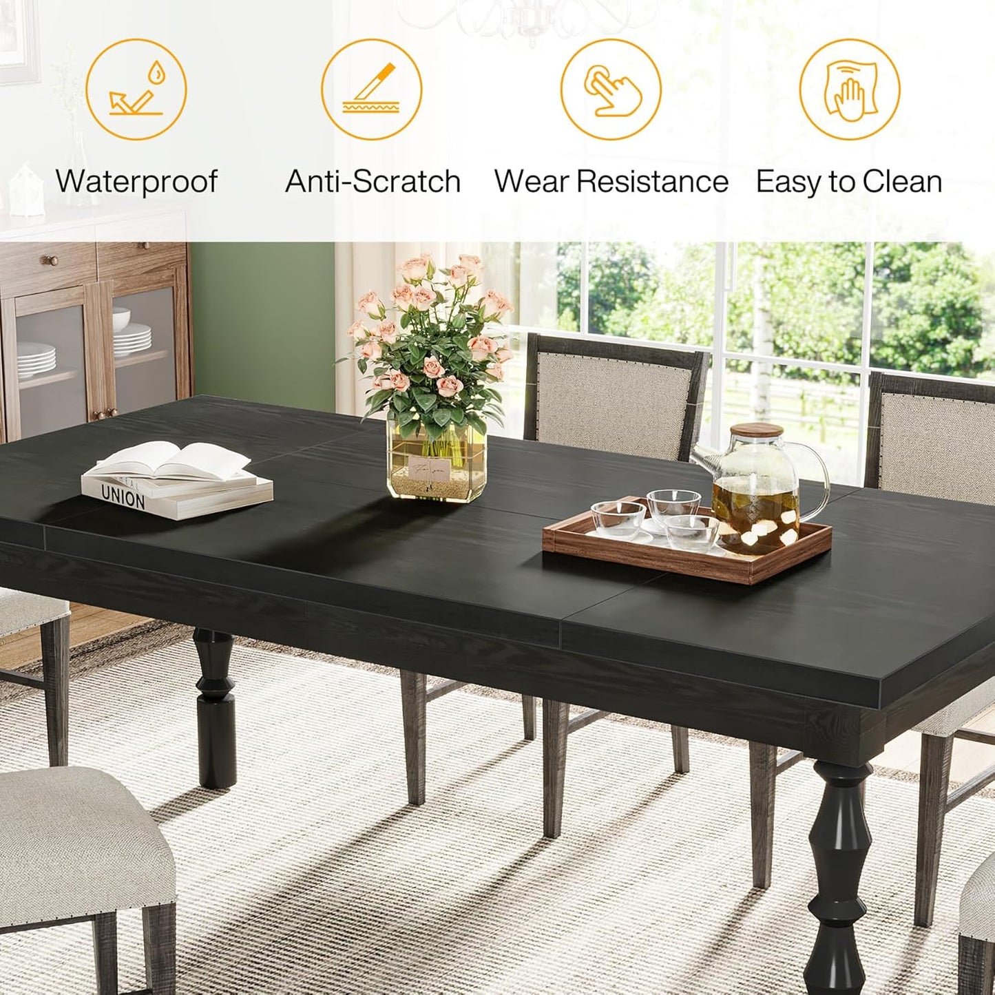 62” Wood Dining Table for 4-6 People, Farmhouse Large Rectangle Kitchen Table, Modern Dinner Table Kitchen & Dining Room Furniture with Carved Turned Legs