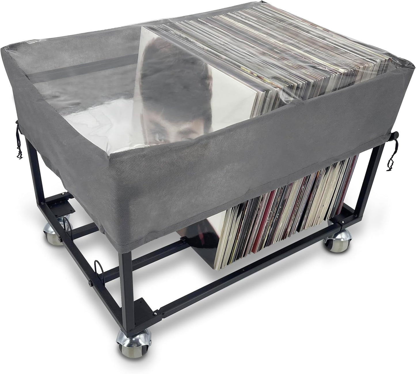 Vinyl Record Storage Holder on Wheels - with Dust Cover - Holds up to 100 LP - Album Holder Display Stand - Vinyl Record LP Storage Organizer - Sturdy Metal Structure(Smooth Black)…