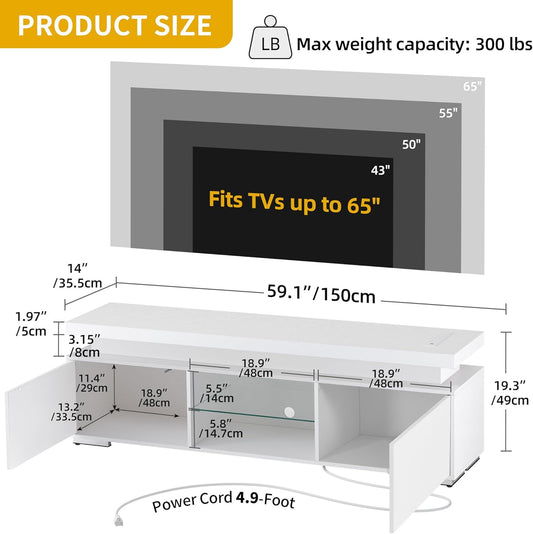 White Modern TV Stand with LED Lights and Power Outlet, Modern Entertainment Center for 55/60/65 Inch, Media Console Table TV Cabinet with Storage, Universal TV Stand for Living Room,White