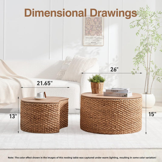 Round Nesting Coffee Table Set of 2 with Storage - Handwoven Wicker Rattan Ottoman Style, Boho Coastal Coffee Tables for Living Room, Rattan Coffee Table with Cover & Soild Wood Frame