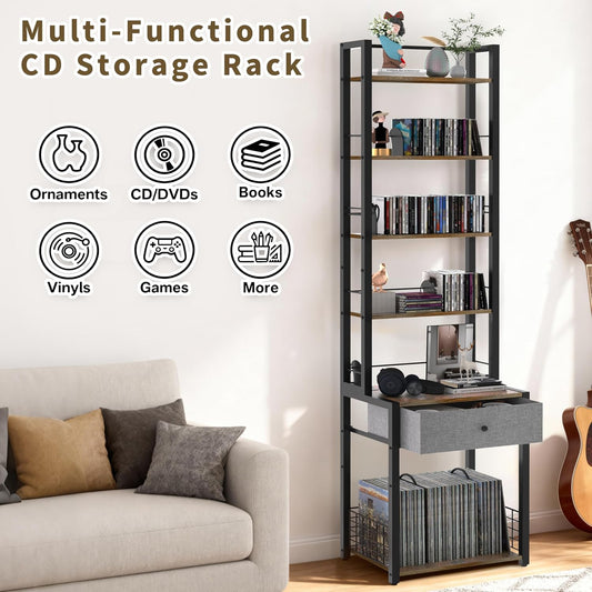 CD Storage Rack, 6-Tier DVD Organizer Shelf with Drawer & Adjustable Book Stoppers, Vinyl Record Holder &Multi-Purpose Media Organizer, Ideal for Living Room/Home Office,15.7X11.8X64.3Inch