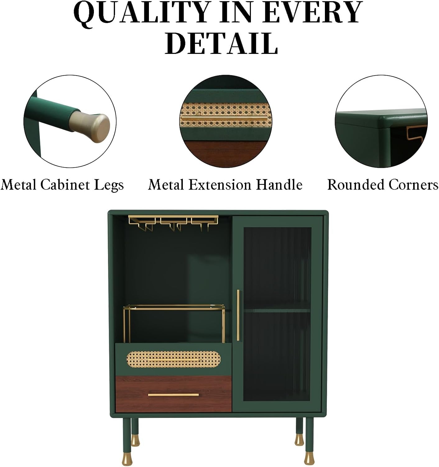 Modern Coffee Bar Cabinet with Wine Glass Rack and Drawers, Green Liquor Cabinet with Pull-Out Wine Storage for Kitchen, Dining Room, Living Room