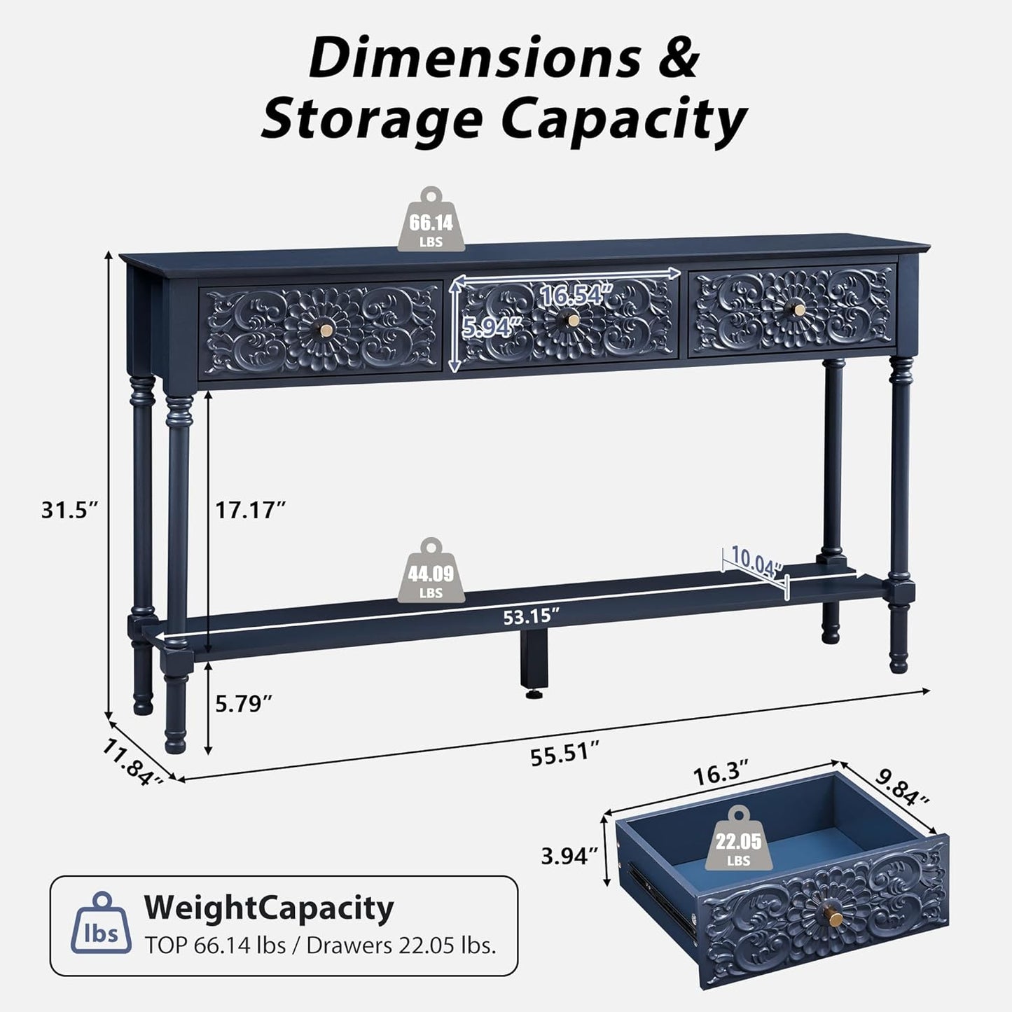 55.5" Carved Console Table with 3 Drawers, 2-Tier Sofa Table with Glossy Floral Surface and Solid Wood Legs, Mid-Century Modern Entryway Table for Living Room Hallway (Antique Black-Brown)