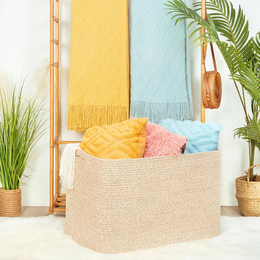 112L Extra Large Blanket Basket Holder Living Room, 25"X17"X16" Rectangle Rope Woven Storage Basket with Handles for Laundry, Towels, Shoes, Dog Toy Organizer Bin Box, Oatmeal Brown