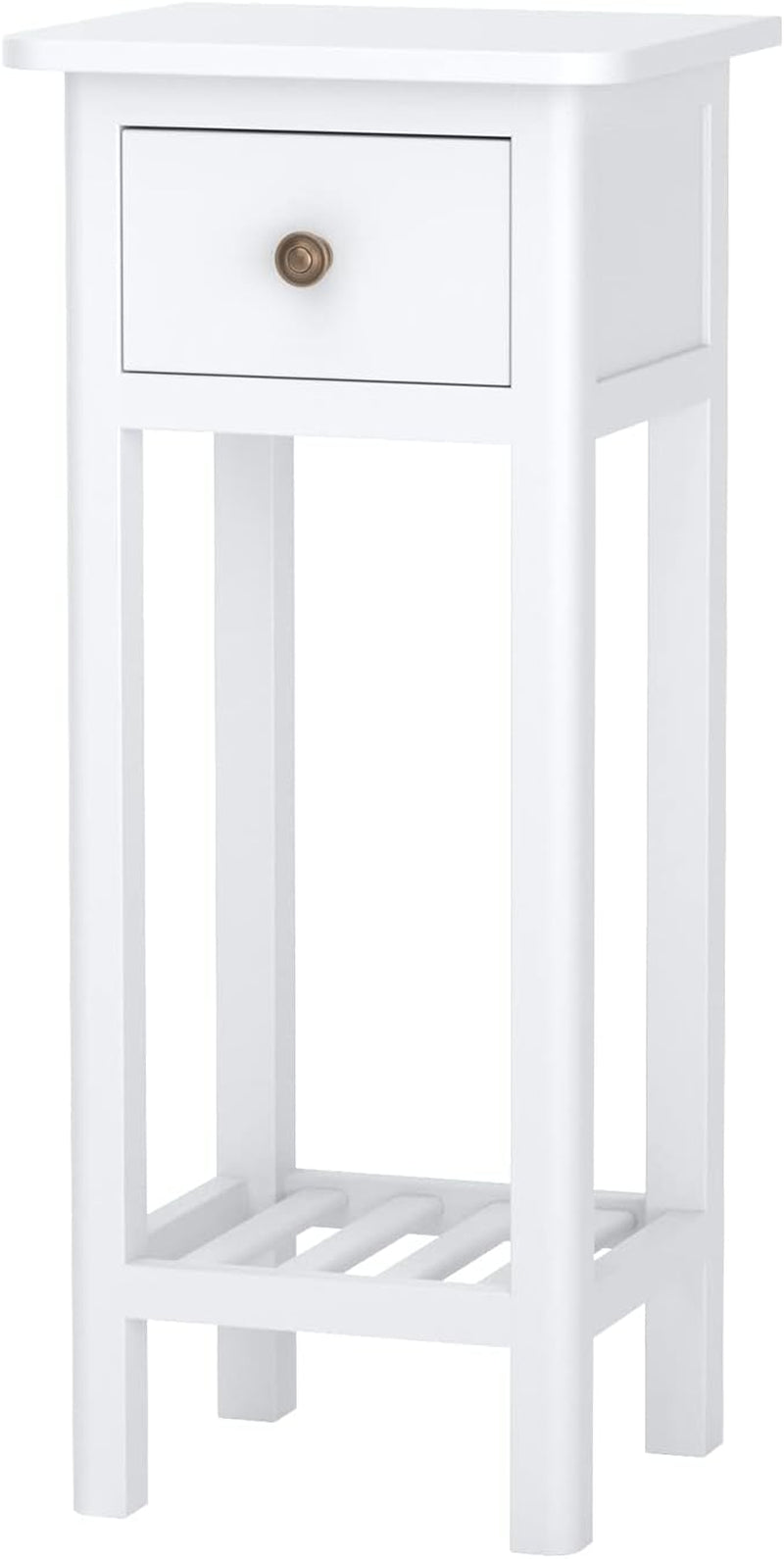 White two tier acacia wood tall end table with drawer and shelf, view 8