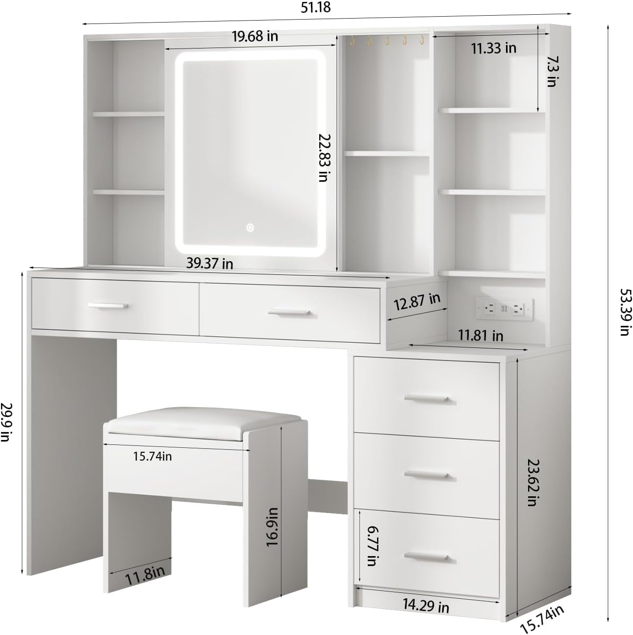 Vanity Desk with Mirror and Lights, Makeup Vanity with 5 Drawers, Makeup Desk with Charging Station and Ample Storage, Dressing Table with Chair for Bedroom Room (White)