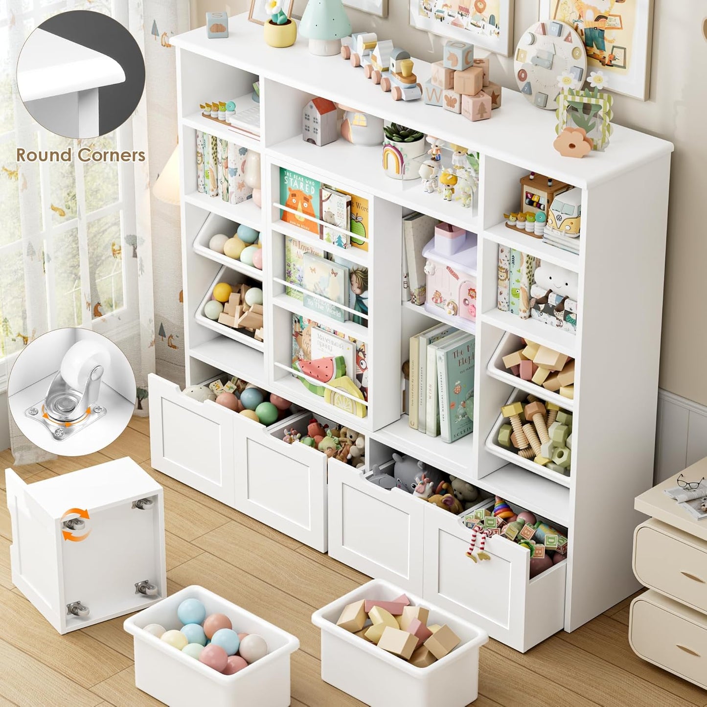 55.1’’ W Toy Storage with Sliding Bookshelf, Large Toy Organizer Kids Bookshelf with 4 Movable Drawers and 4 Storage Bins, Toy Bins for Kids Organizer Playroom Storage for Kid Room, White