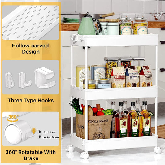 Storage Rolling Cart, 3 Tier Laundry Room Organization Utility Cart Bathroom Organizer Mobile Shelving Unit Shelves Multi-Functional Trolley, White