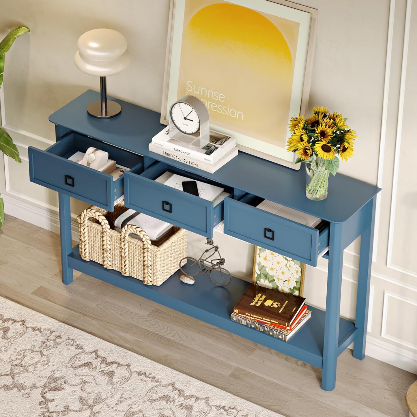 53.1" Console Table with 3 Drawers, Modern Entryway Table, 2-Tier Narrow Long Sofa Table behind Couch Table for Living Room, Hallway, Black