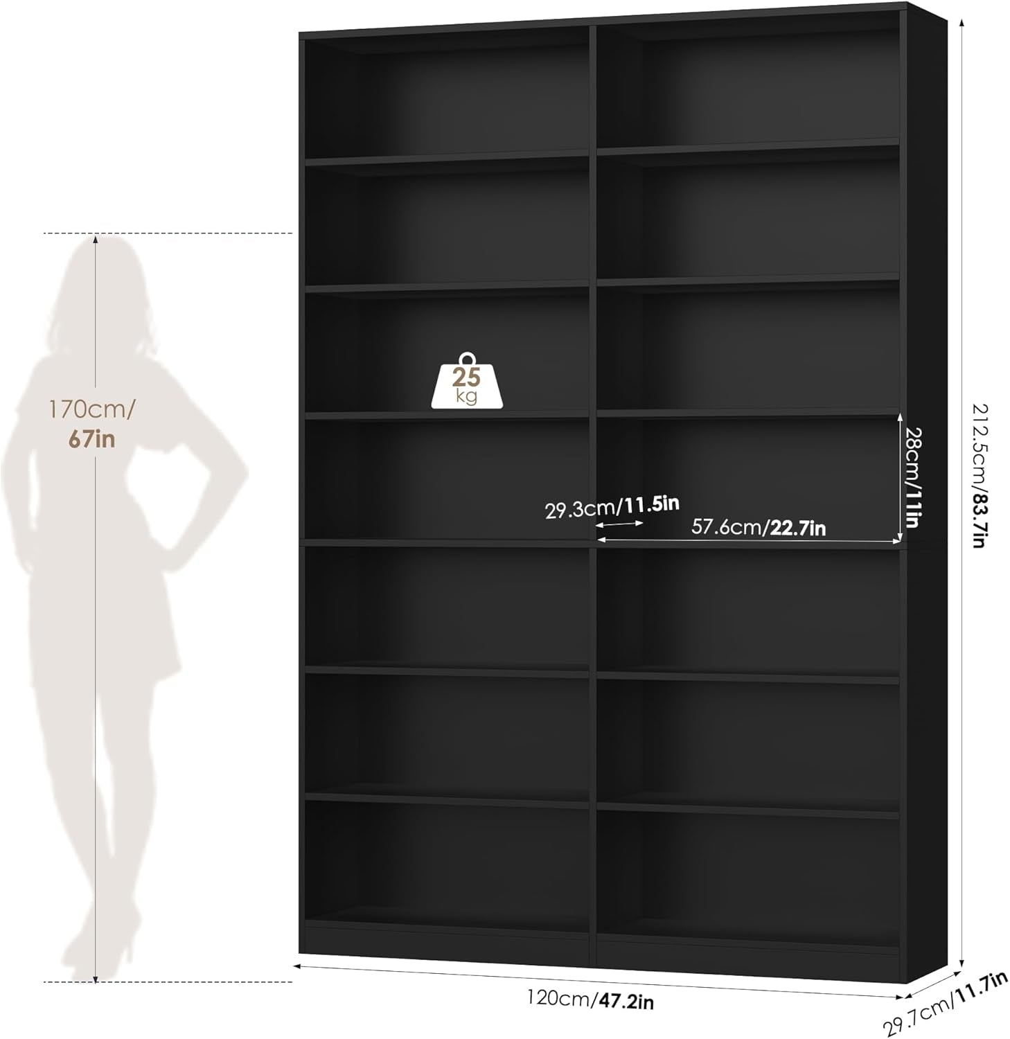 83.6" Tall Bookshelf and Bookcase, 7-Tier Extra Large Bookshelf with Double Storage, 14 Open Display Shelves for Home Office, Study and Living Room, Black