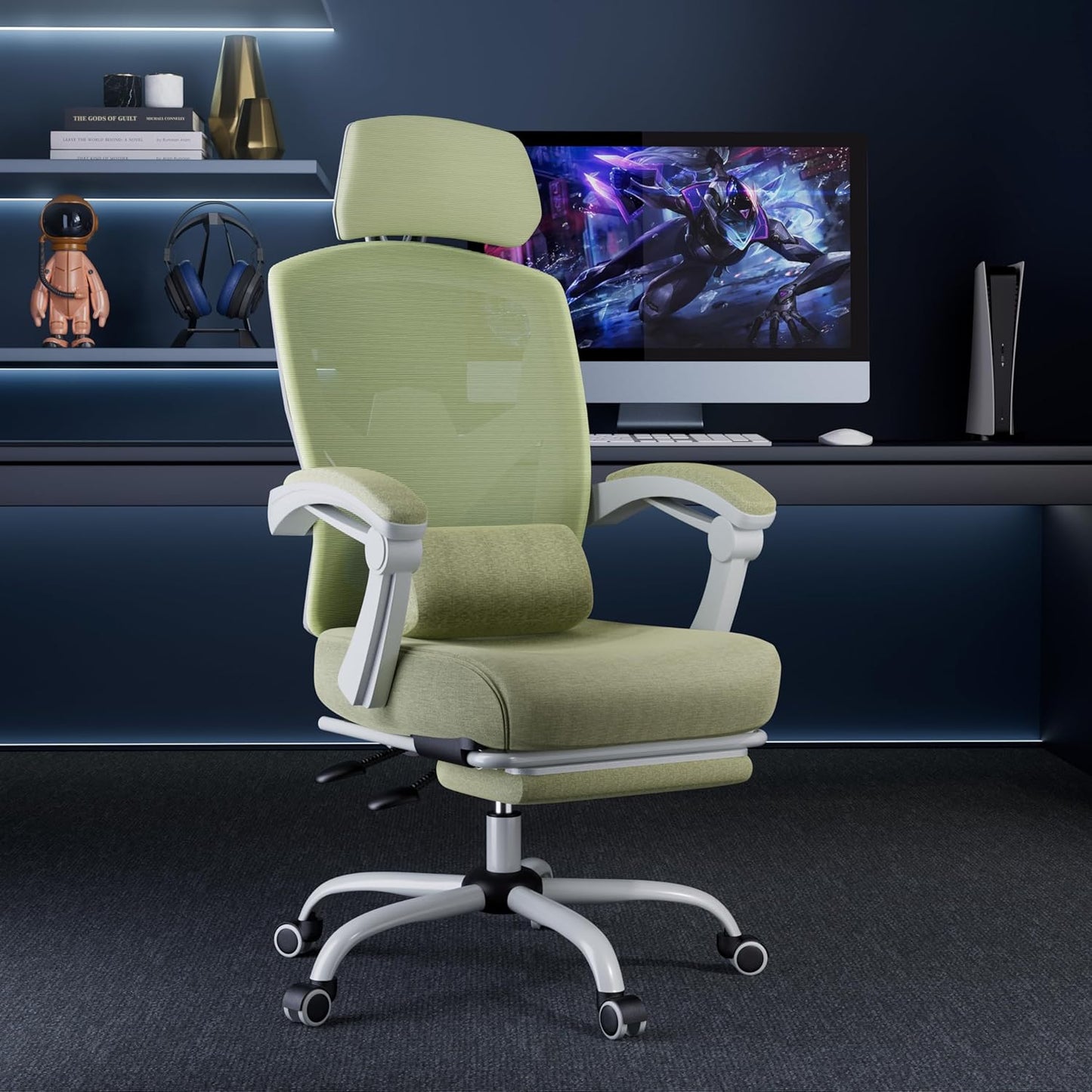 Office Desk Chair with Footrest Ergonomic Gaming Chair for Adults Computer Mesh, Lumbar Support,Swivel Reclining with Headrest, Comfy Armrest for Home, Office, Work, Study, Light Green