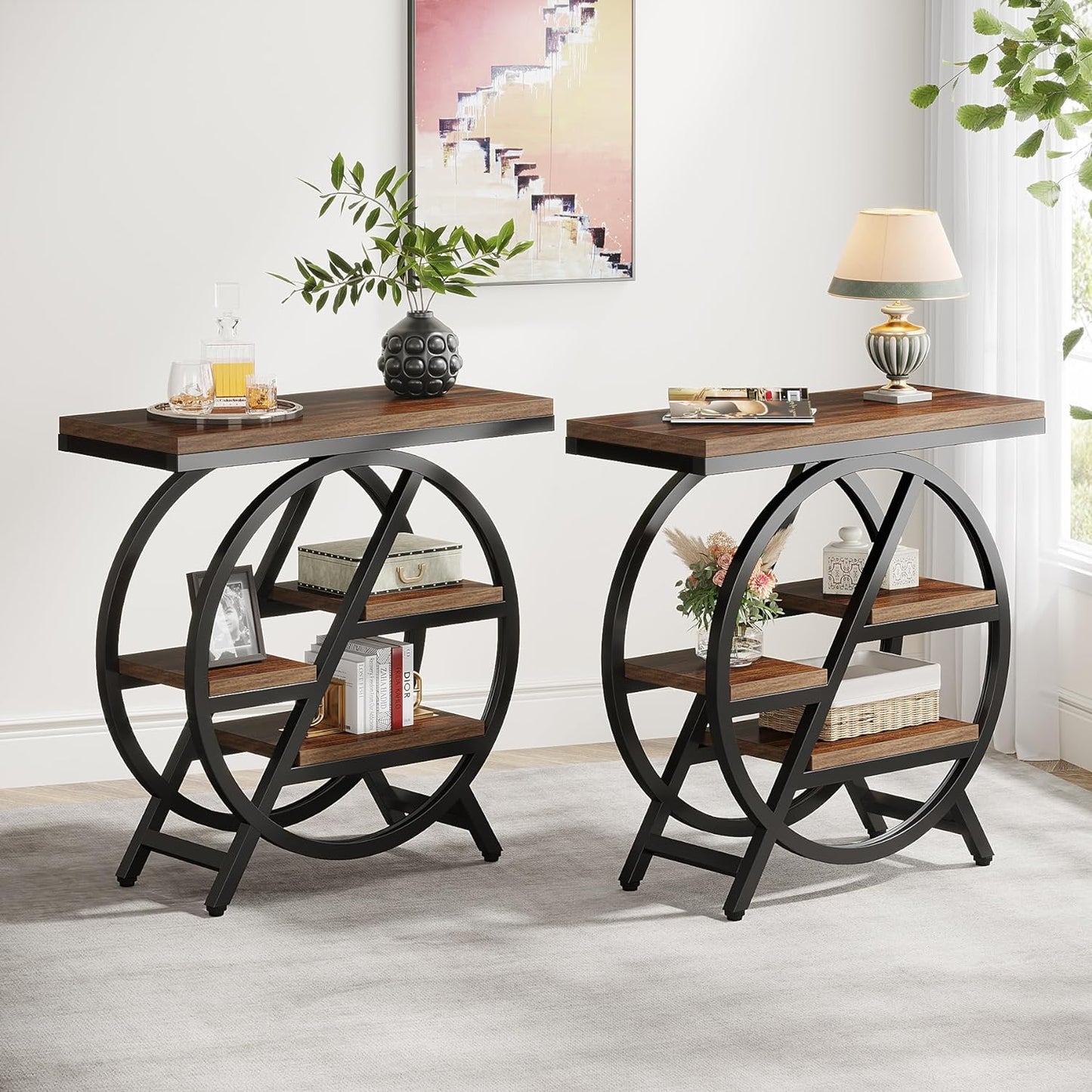 End Table for Living Room, 3-Tier Narrow Side Table with Storage, Wood Sofa Side Table with Geometric Metal Frame, Industrial Nightstand and Bedside Table for Bedroom