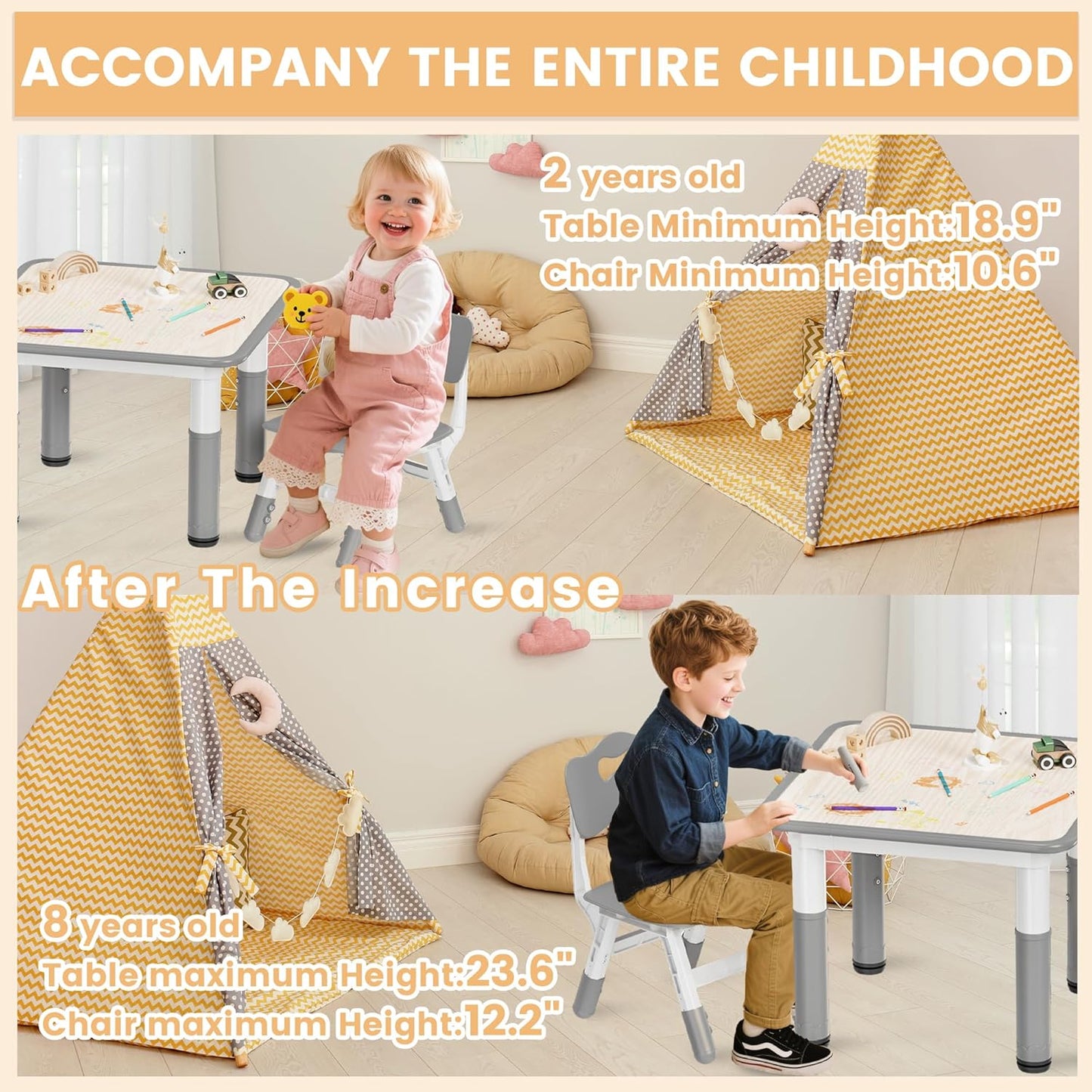 Kids Table and Chairs Set - 23.6" L X 23.6" W Height Adjustable Toddler Desk, Non-Slip Kids Chair with Graffiti Desktop for Ages 2-8, for Home Preschool Classroom Daycare, Grey