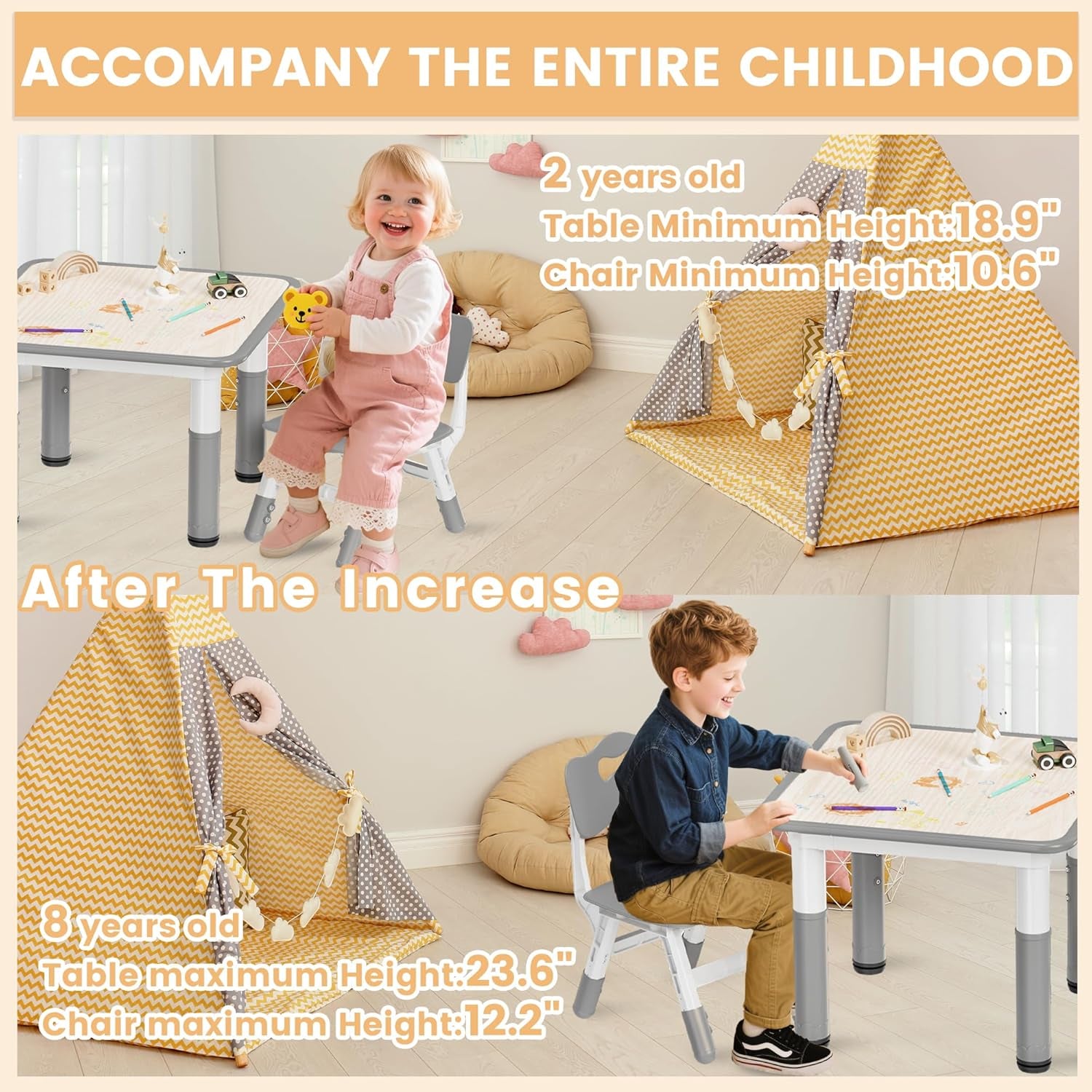 Kids Table and Chairs Set - 23.6" L X 23.6" W Height Adjustable Toddler Desk, Non-Slip Kids Chair with Graffiti Desktop for Ages 2-8, for Home Preschool Classroom Daycare, Grey