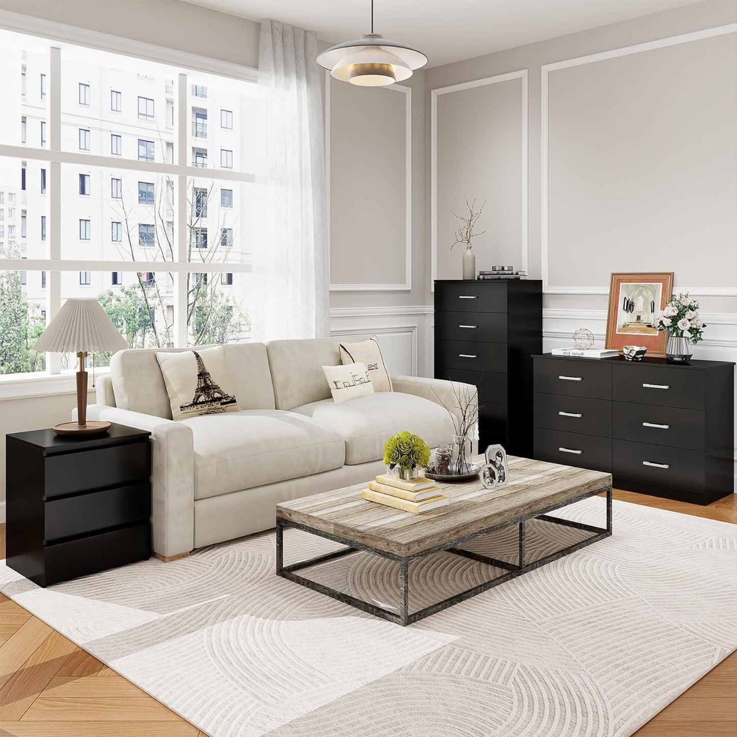 Nightstand Set of 2 Black Nightstand with 3 Drawers, Black Bedside Table Night Stand for Bedroom with Cut-Out Handle, Sofa Side Table 3 Drawer Nightstand for Bedroom, 17.7W*15D*21.7H