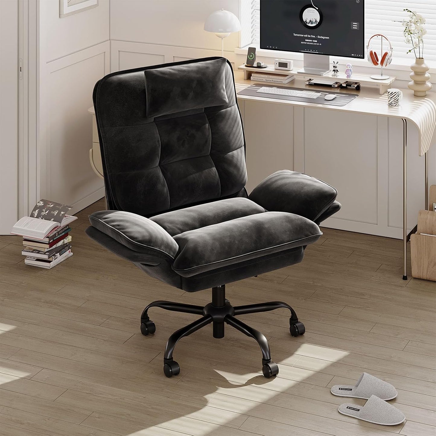 Cross Legged Office Chair, Criss Cross Chair with Adjustable Arms, 135° Reclining Velet Executive Chair with Wheels, Big and Tall Computer Desk Chair for Home, Office - Black