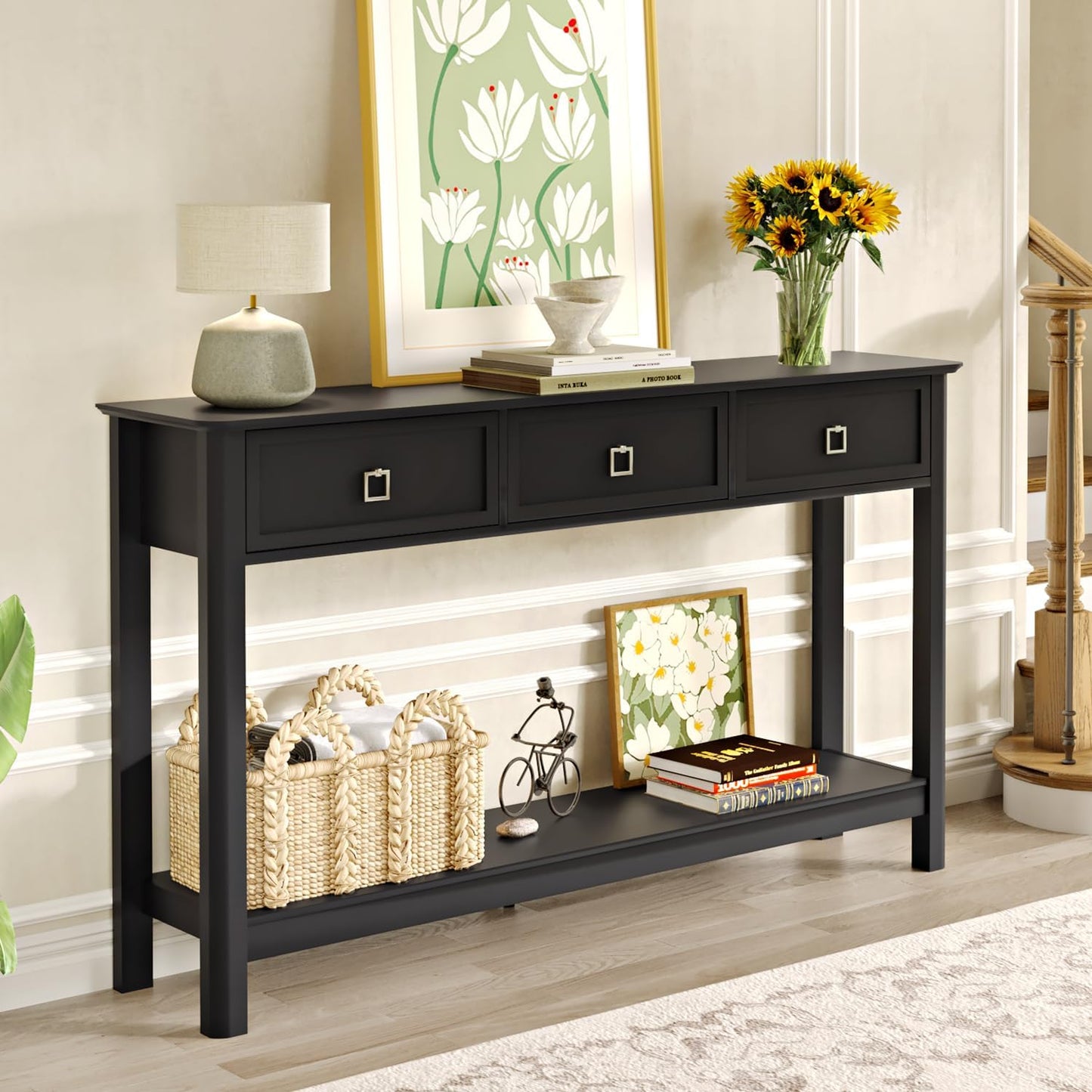 53.1" Console Table with 3 Drawers, Modern Entryway Table, 2-Tier Narrow Long Sofa Table behind Couch Table for Living Room, Hallway, Black