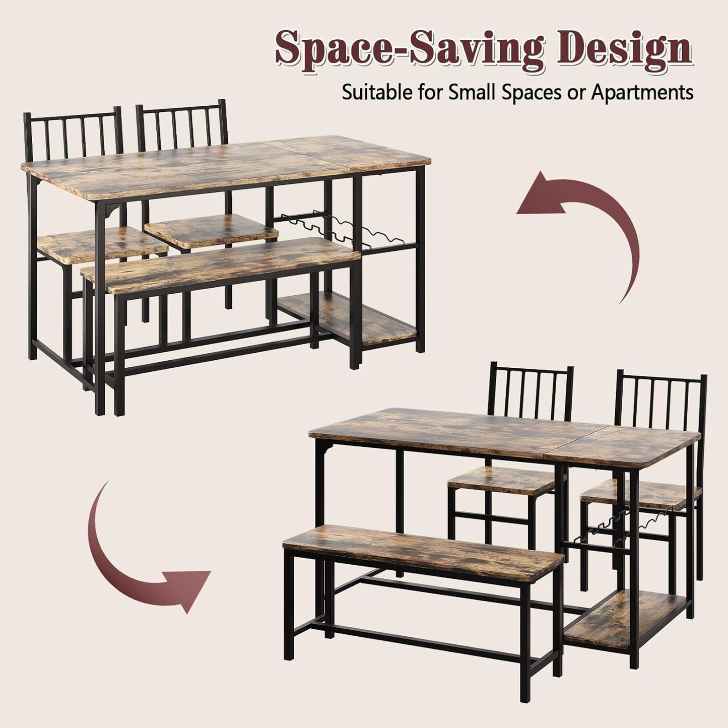 Dining Table for 4, Kitchen Table Set for 4 with 2 Chairs and Bench, Dining Room Table Set with Built in Wine Rack & Wine Glasses Holder, Storage Shelves for Small Space, Kitchen, Rustic Brown