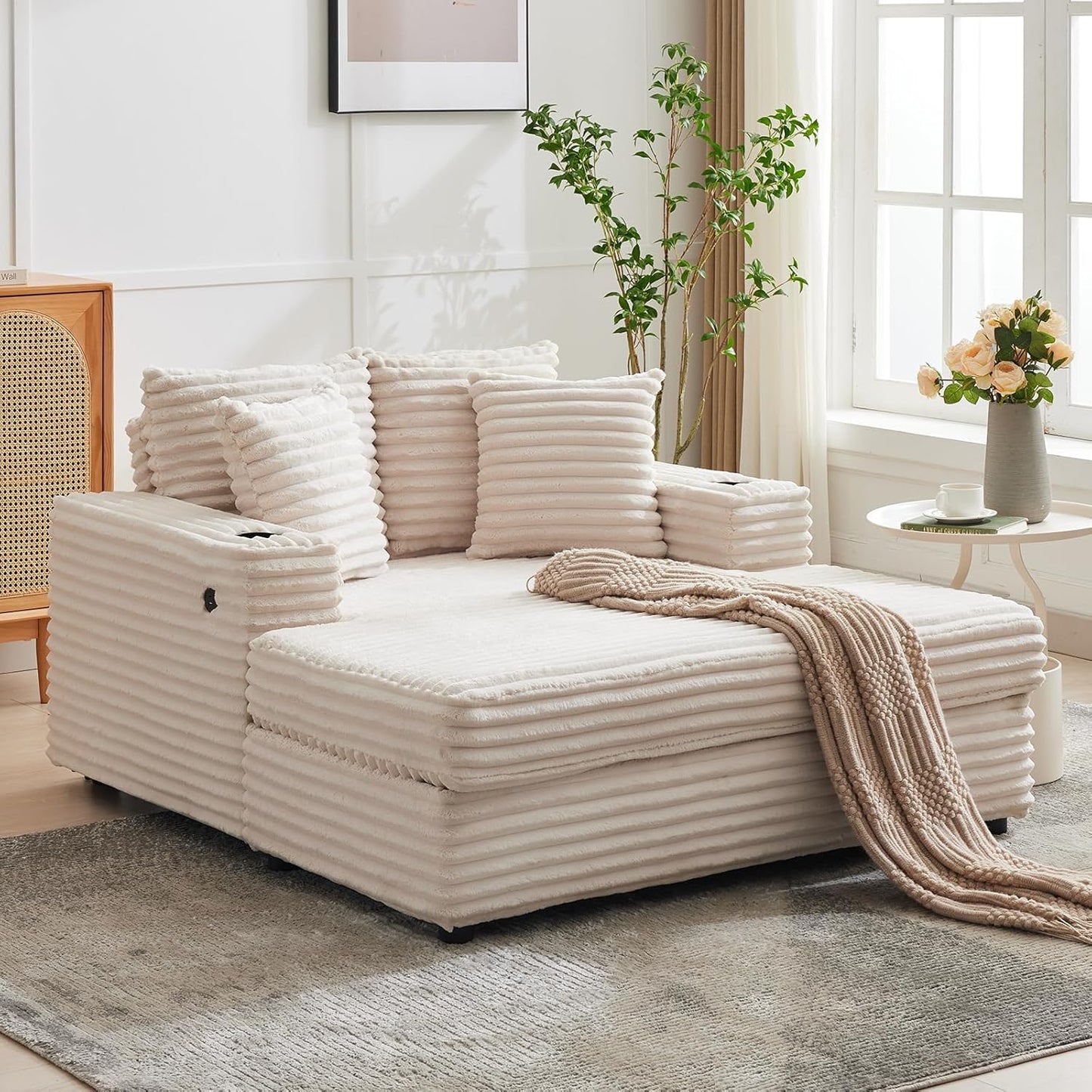 Oversized Chaise Lounge Chair Indoor, 60 Inch Upholstered Sofa Bed with Throw Pillows and Armrests, Comfy Corduroy Sleeper Couch for Living Room, Bedroom, Office, Beige