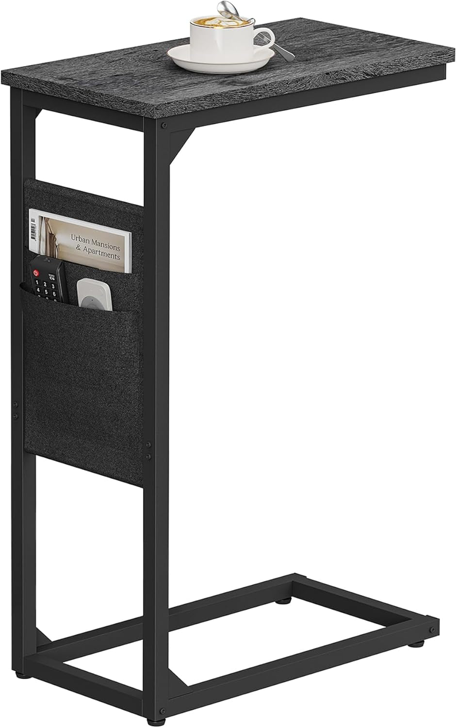 C Shaped End Table, Side Table for Couch, Sofa Table with Storage Bag, TV Tray for Living Room, Bedroom, Charcoal Grey TB01BY082