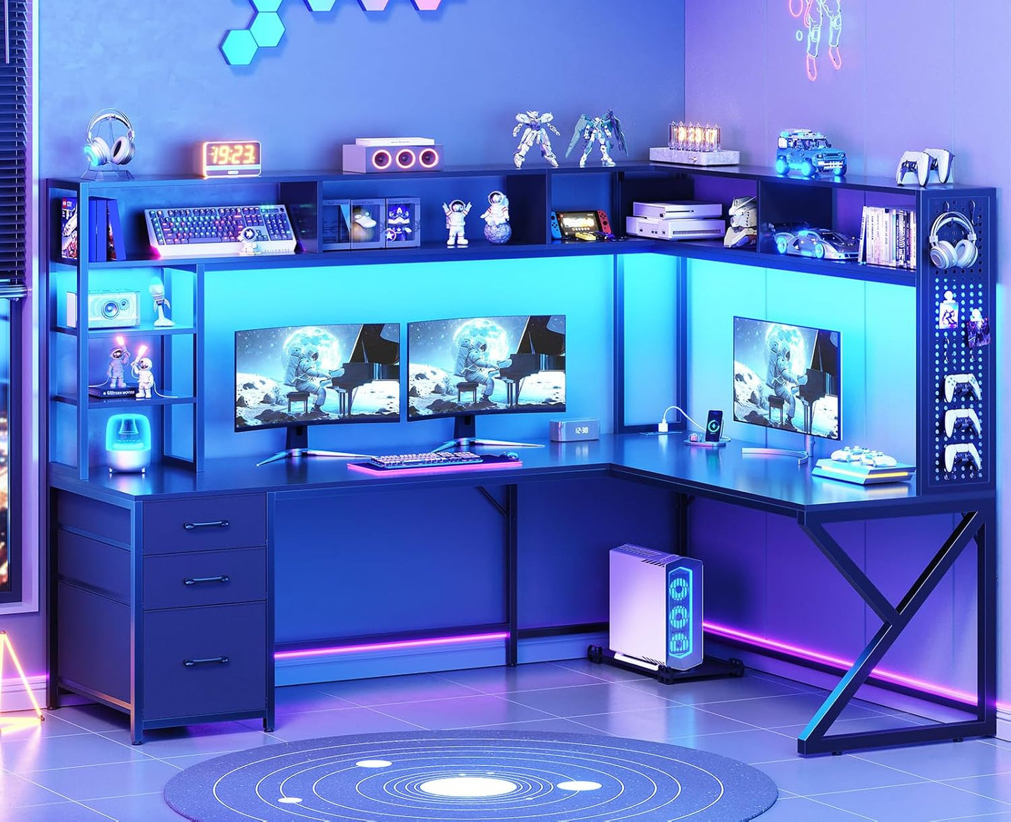 L Shaped Gaming Desk with Storage Shelves and Hutch, Convertible 94.5" Computer Desk with Drawers, Corner Computer Desk with Power Outlet, LED Lights, Pegboard for Home Office, Black