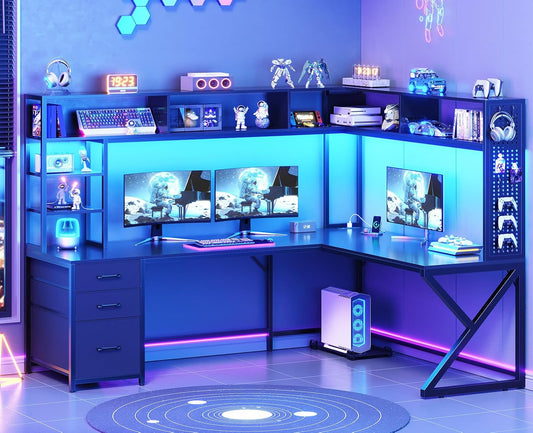 L Shaped Gaming Desk with Storage Shelves and Hutch, Convertible 94.5" Computer Desk with Drawers, Corner Computer Desk with Power Outlet, LED Lights, Pegboard for Home Office, Black